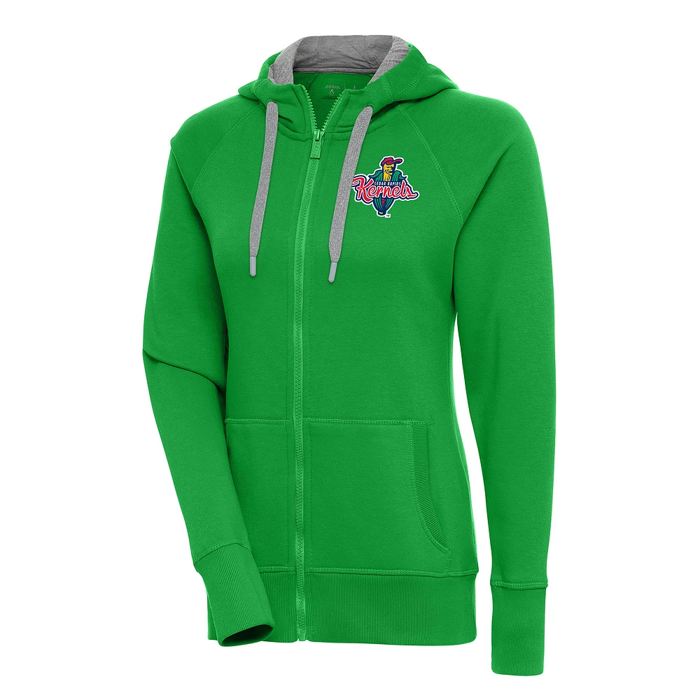 Women's Antigua Kelly Green Cedar Rapids Kernels Victory Full-Zip Hoodie
