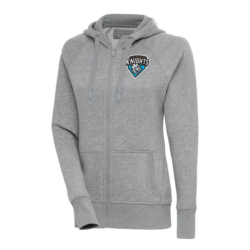Women's Antigua Heather Gray Charlotte Knights Victory Full-Zip Hoodie