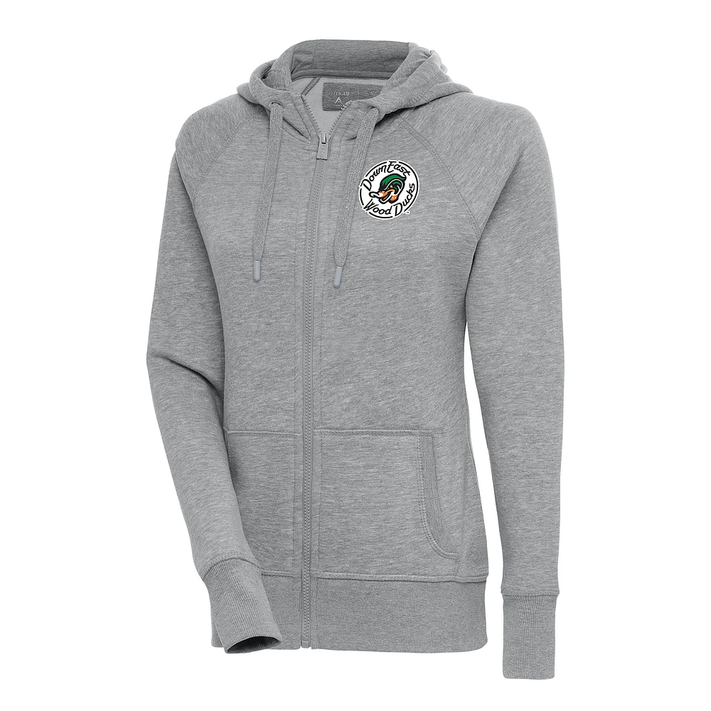 Women's Antigua Heather Gray Down East Wood Ducks Victory Full-Zip Hoodie
