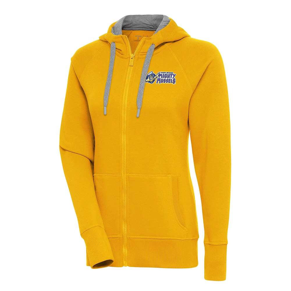 Women's Antigua Gold Fort Myers Mighty Mussels Victory Full-Zip Hoodie