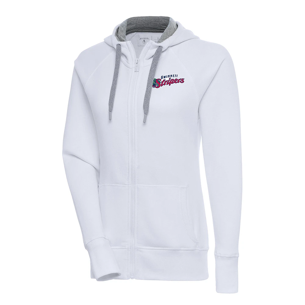 Women's Antigua White Gwinnett Stripers Victory Full-Zip Hoodie