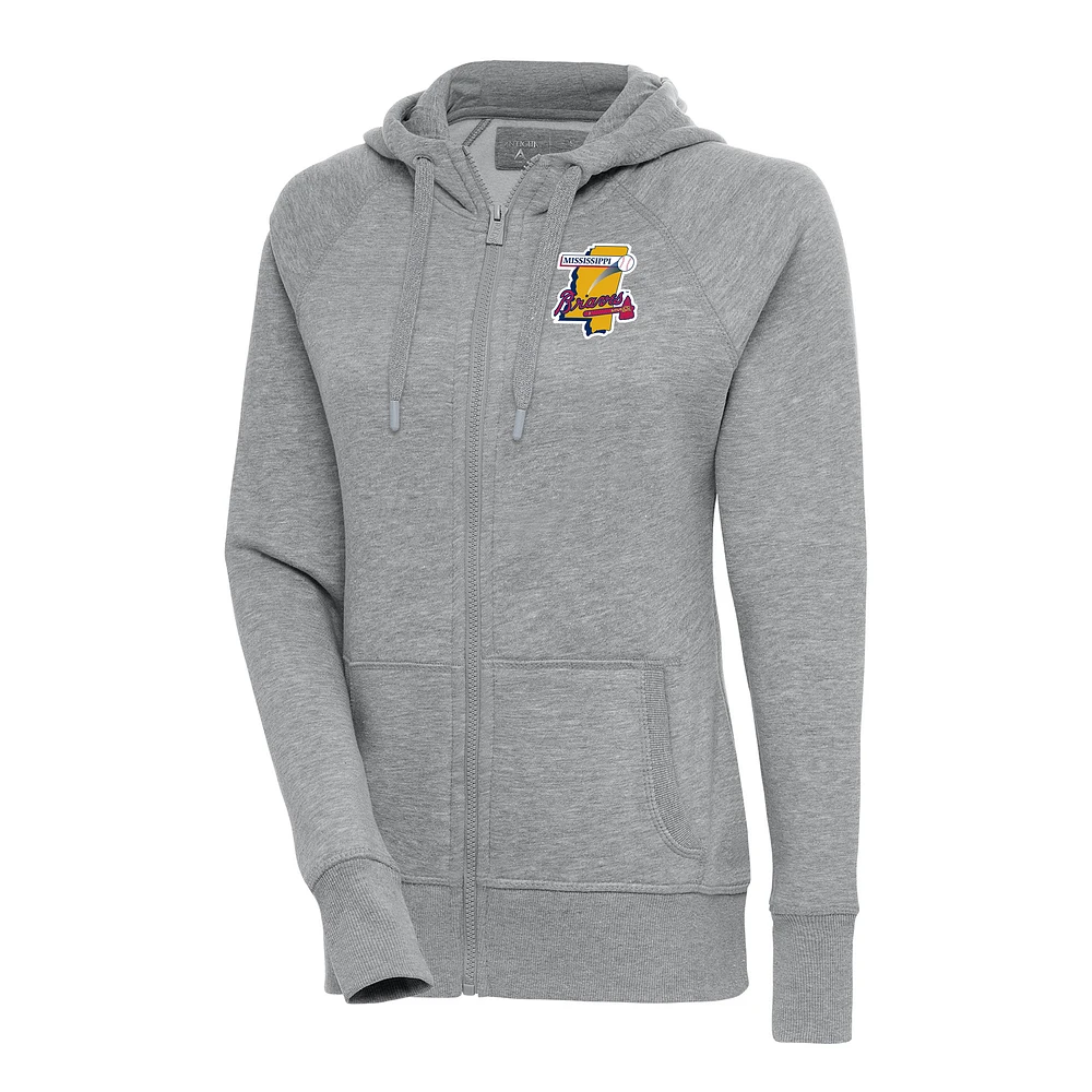 Women's Antigua Heather Gray Mississippi Braves Victory Full-Zip Hoodie