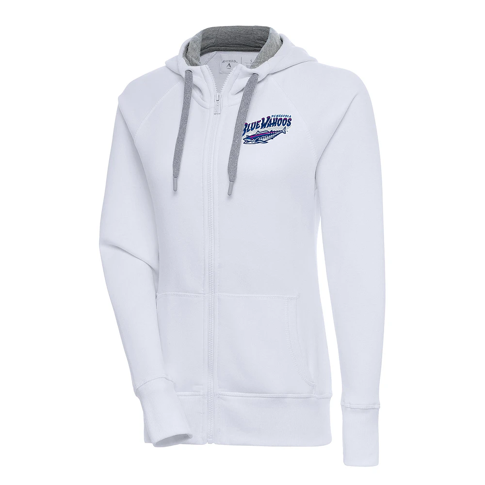 Women's Antigua White Pensacola Blue Wahoos Victory Full-Zip Hoodie