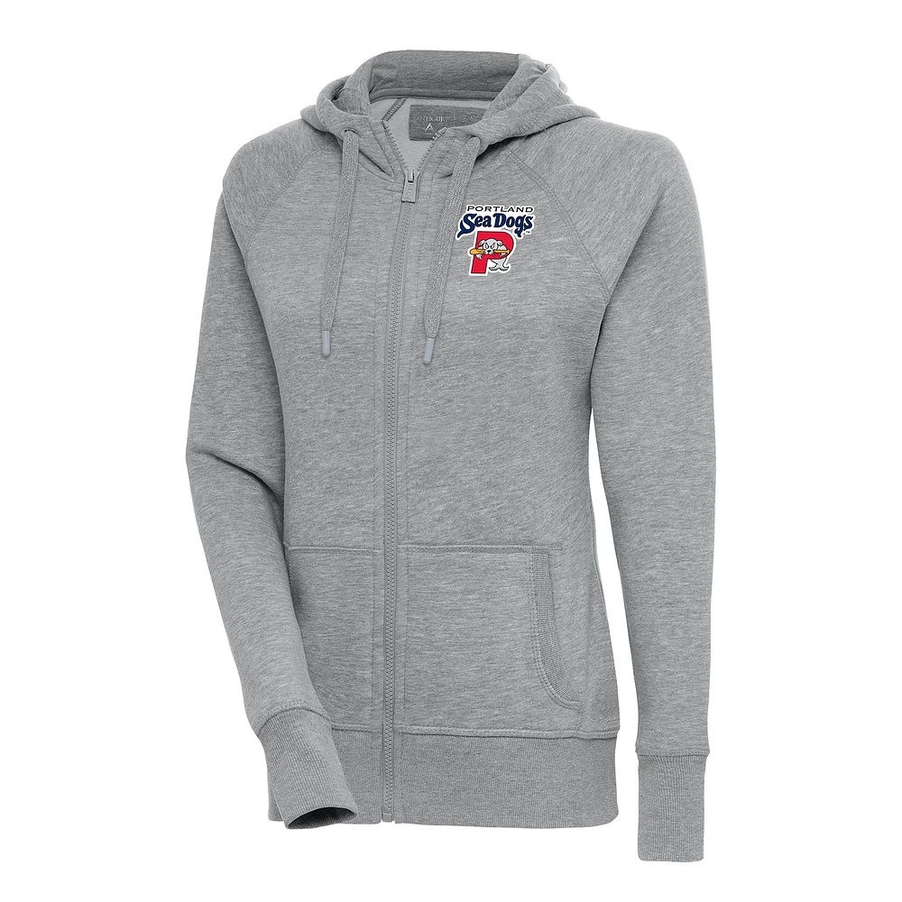 Women's Antigua Heather Gray Portland Sea Dogs Victory Full-Zip Hoodie