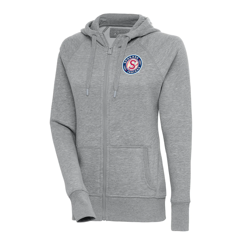 Women's Antigua Heather Gray Spokane Indians Victory Full-Zip Hoodie