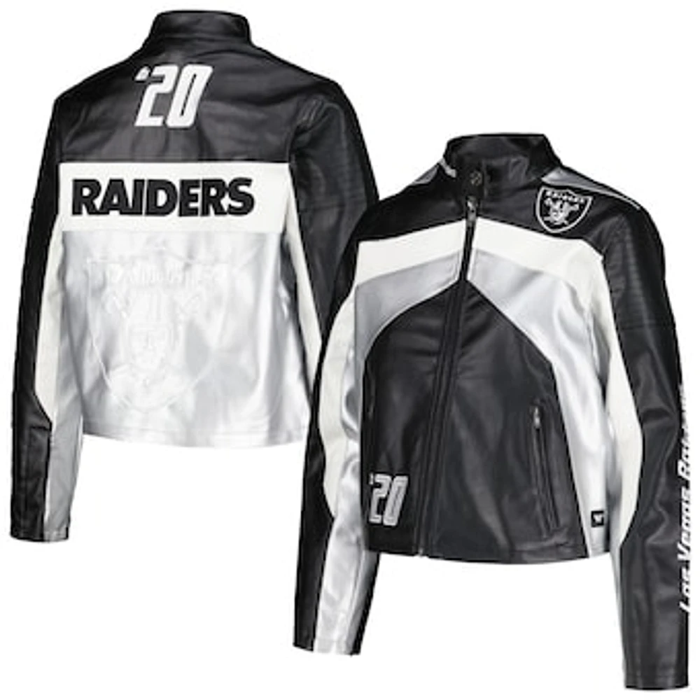 Women's The Wild Collective Black Las Vegas Raiders Faux Leather Full-Zip Racing Jacket