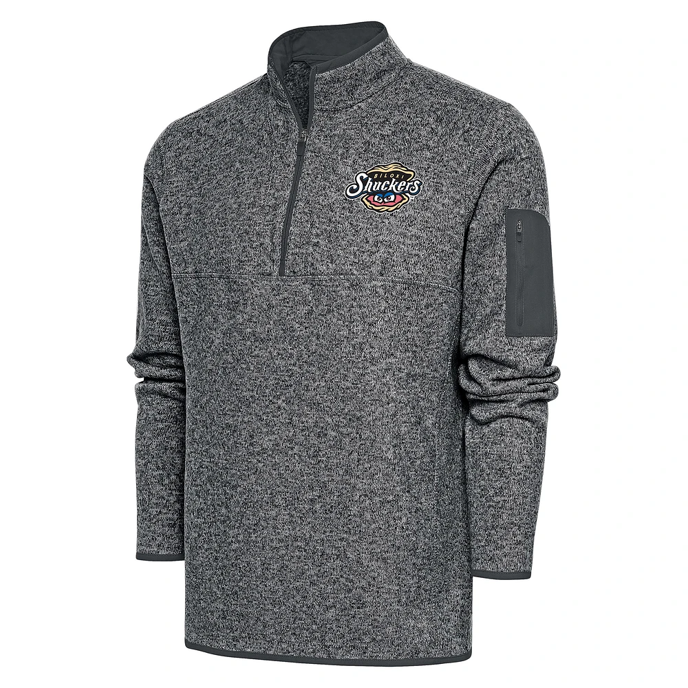 Men's Antigua Heather Charcoal Biloxi Shuckers Fortune Quarter-Zip Pullover Jacket