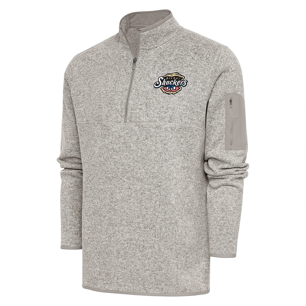Men's Antigua Oatmeal Biloxi Shuckers Fortune Quarter-Zip Pullover Jacket