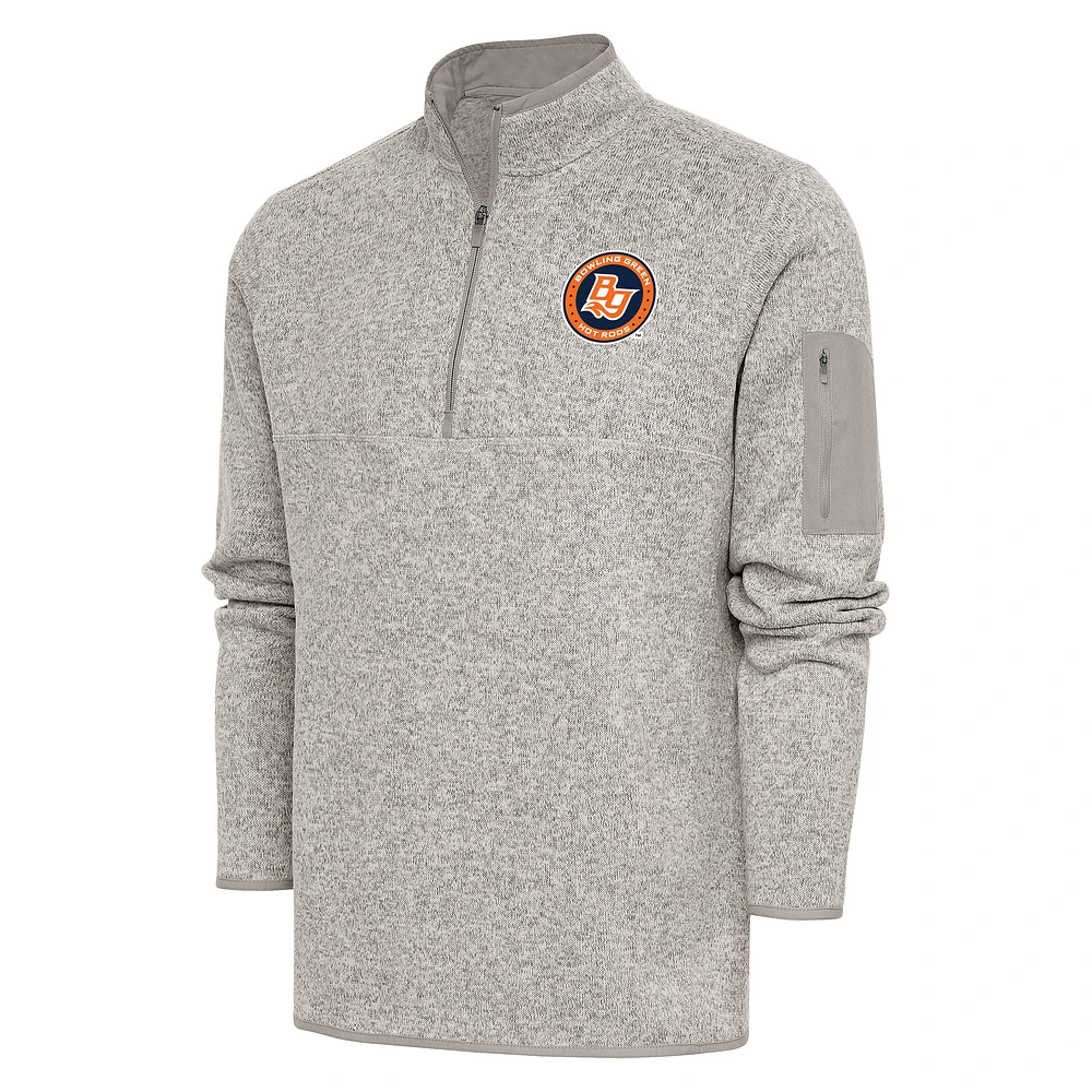 Men's Antigua Oatmeal Bowling Green Hot Rods Fortune Quarter-Zip Pullover Jacket