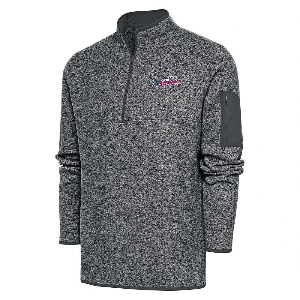 Men's Antigua Heather Charcoal Gwinnett Stripers Fortune Quarter-Zip Pullover Jacket