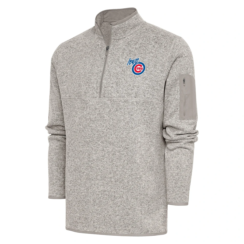 Men's Antigua Oatmeal Iowa Cubs Fortune Quarter-Zip Pullover Jacket
