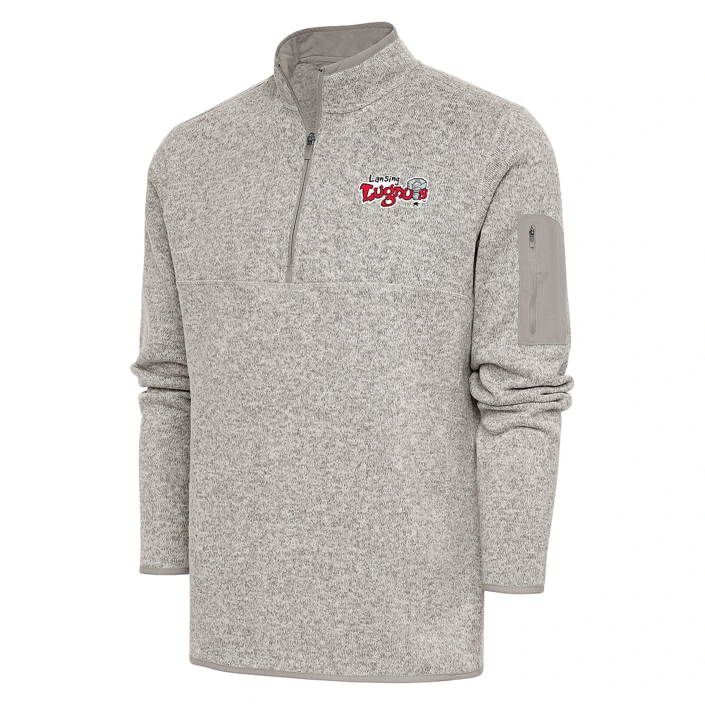 Men's Antigua Oatmeal Lansing Lugnuts Fortune Quarter-Zip Pullover Jacket