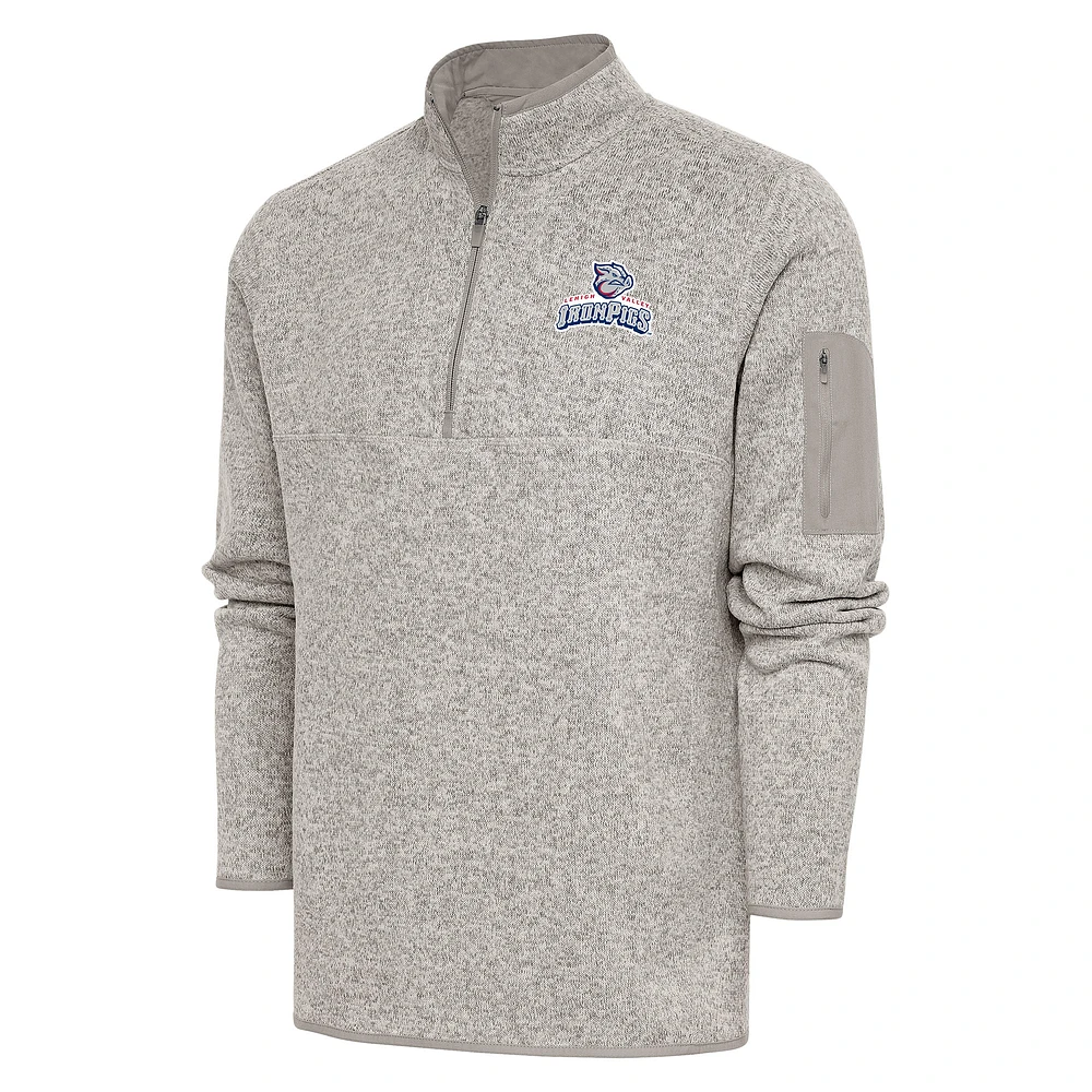 Men's Antigua Oatmeal Lehigh Valley IronPigs Fortune Quarter-Zip Pullover Jacket