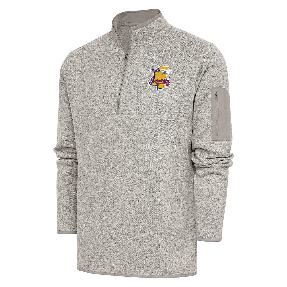 Men's Antigua Oatmeal Mississippi Braves Fortune Quarter-Zip Pullover Jacket