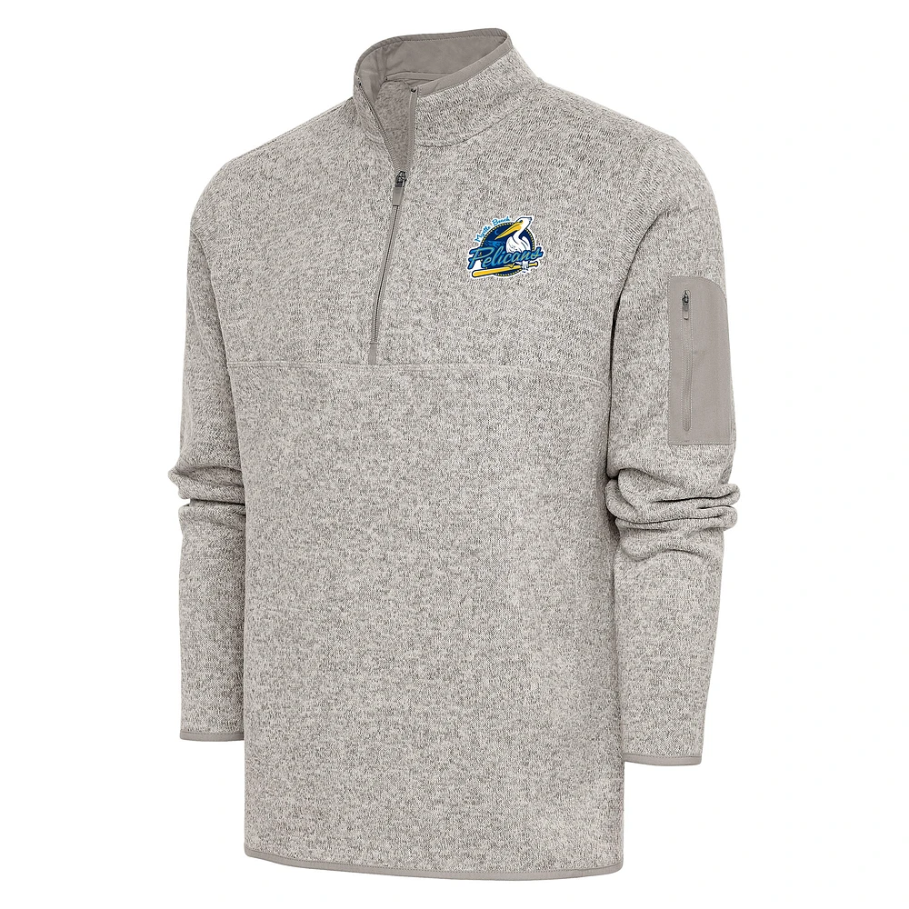 Men's Antigua Oatmeal Myrtle Beach Pelicans Fortune Quarter-Zip Pullover Jacket