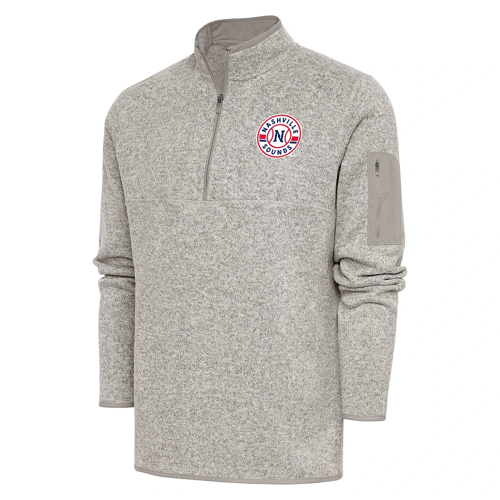 Men's Antigua Oatmeal Nashville Sounds Fortune Quarter-Zip Pullover Jacket