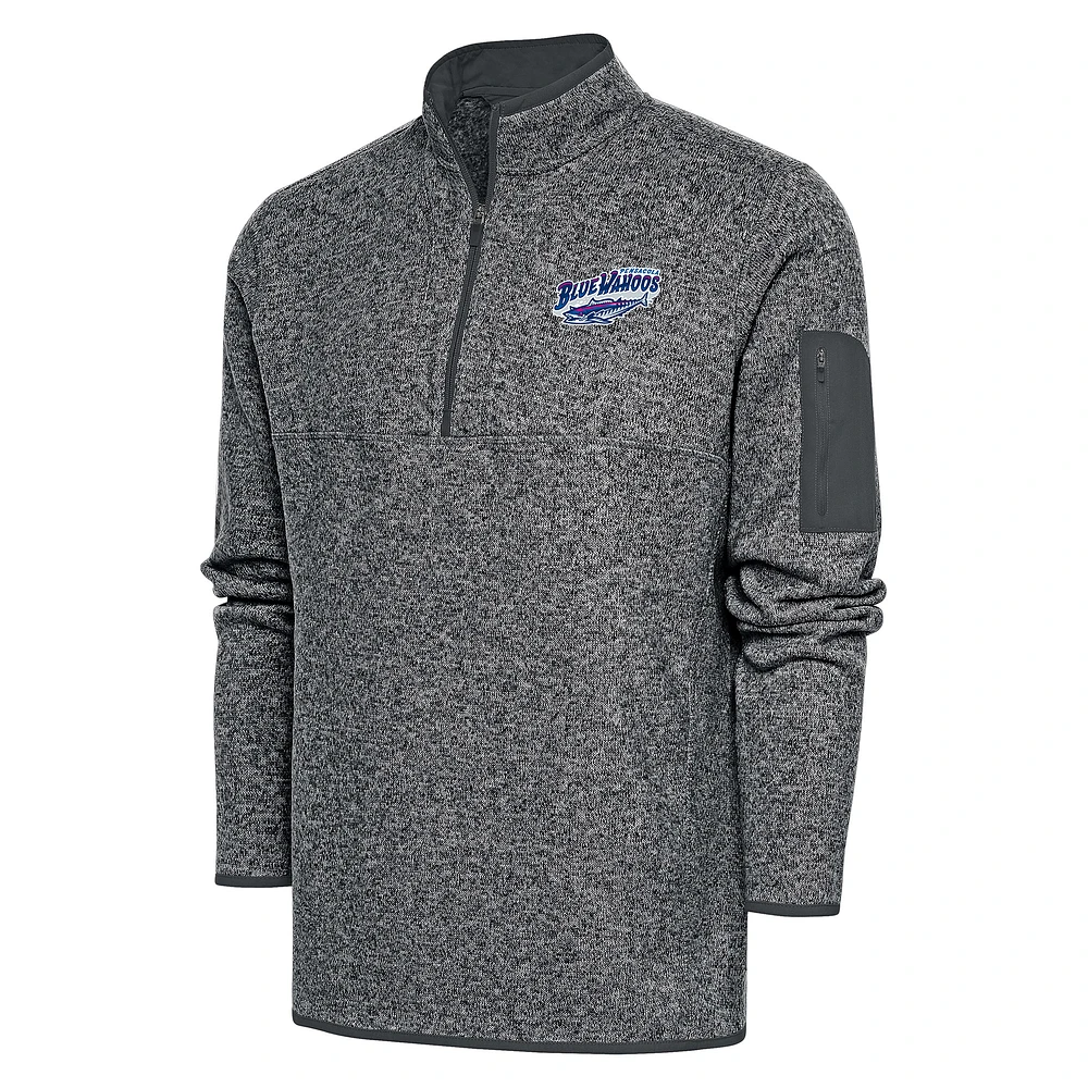 Men's Antigua Heather Charcoal Pensacola Blue Wahoos Fortune Quarter-Zip Pullover Jacket