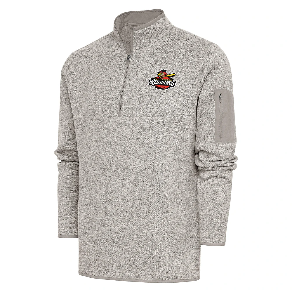 Men's Antigua Oatmeal Rochester Red Wings Fortune Quarter-Zip Pullover Jacket