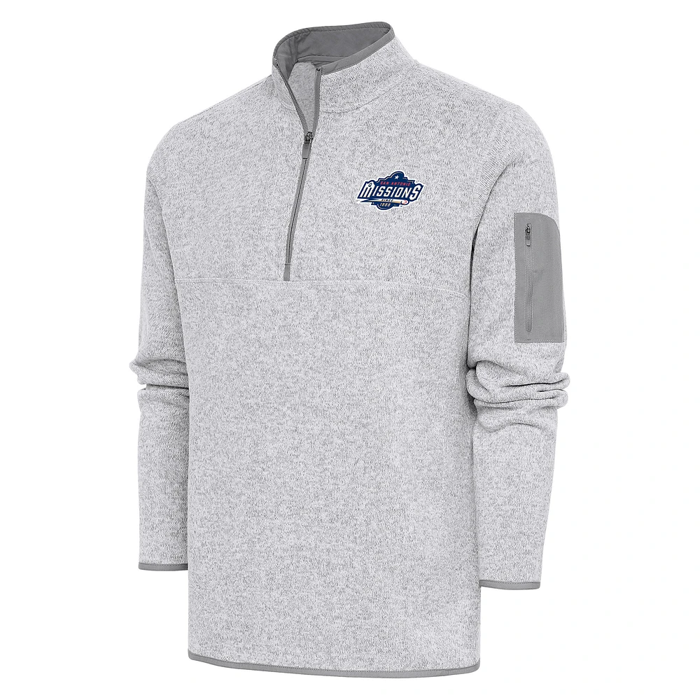 Men's Antigua Heather Gray San Antonio Missions Fortune Quarter-Zip Pullover Jacket