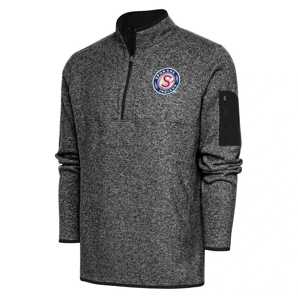Men's Antigua Heather Black Spokane Indians Fortune Quarter-Zip Pullover Jacket