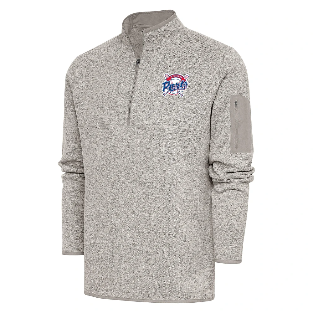 Men's Antigua Oatmeal Stockton Ports Fortune Quarter-Zip Pullover Jacket