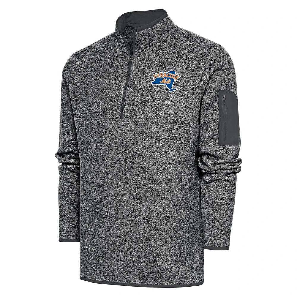 Men's Antigua Heather Charcoal Syracuse Mets Fortune Quarter-Zip Pullover Jacket