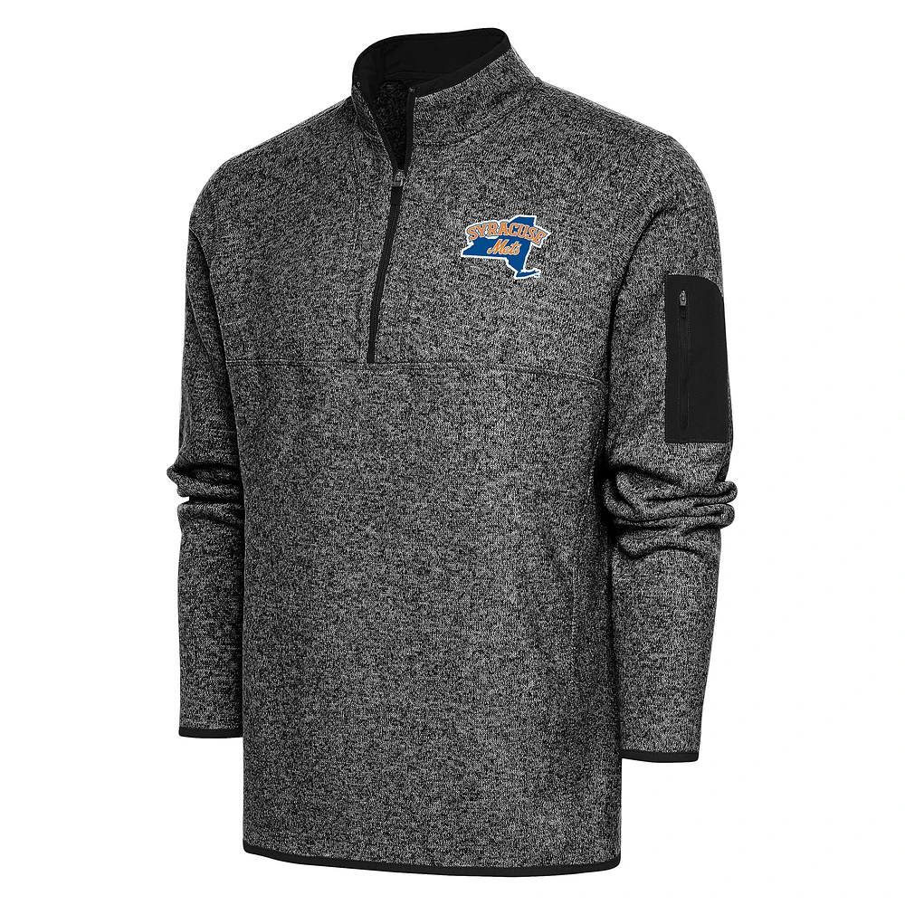 Men's Antigua Heather Black Syracuse Mets Fortune Quarter-Zip Pullover Jacket