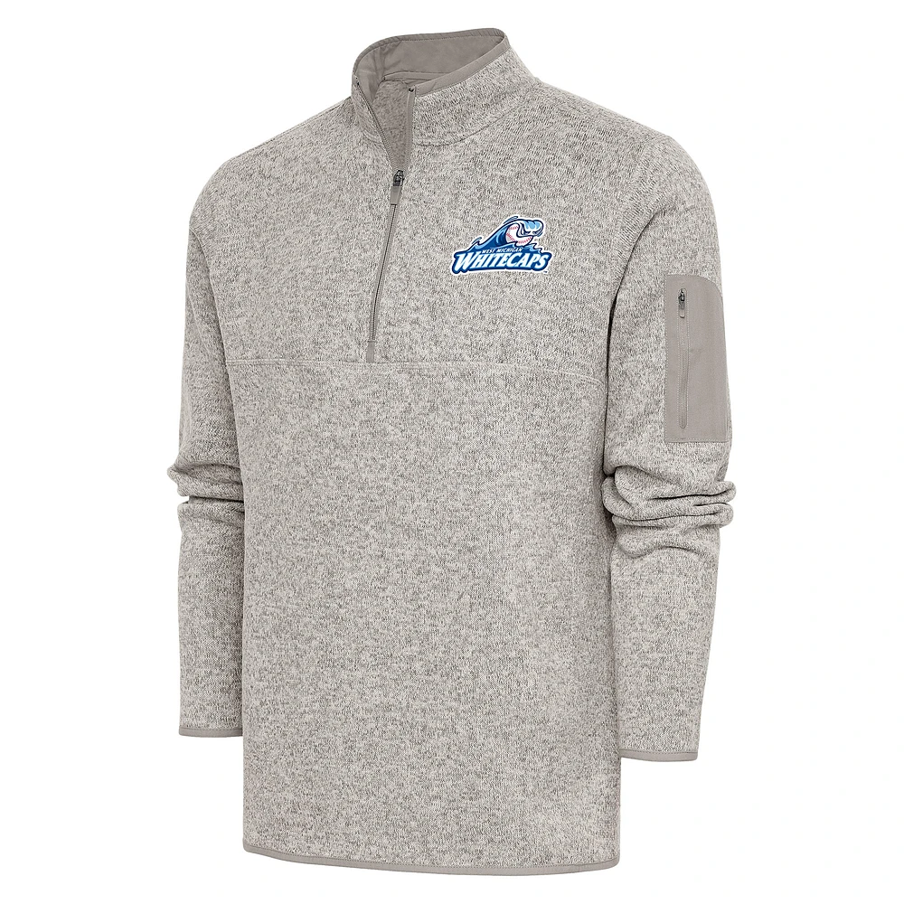 Men's Antigua Oatmeal West Michigan Whitecaps Fortune Quarter-Zip Pullover Jacket