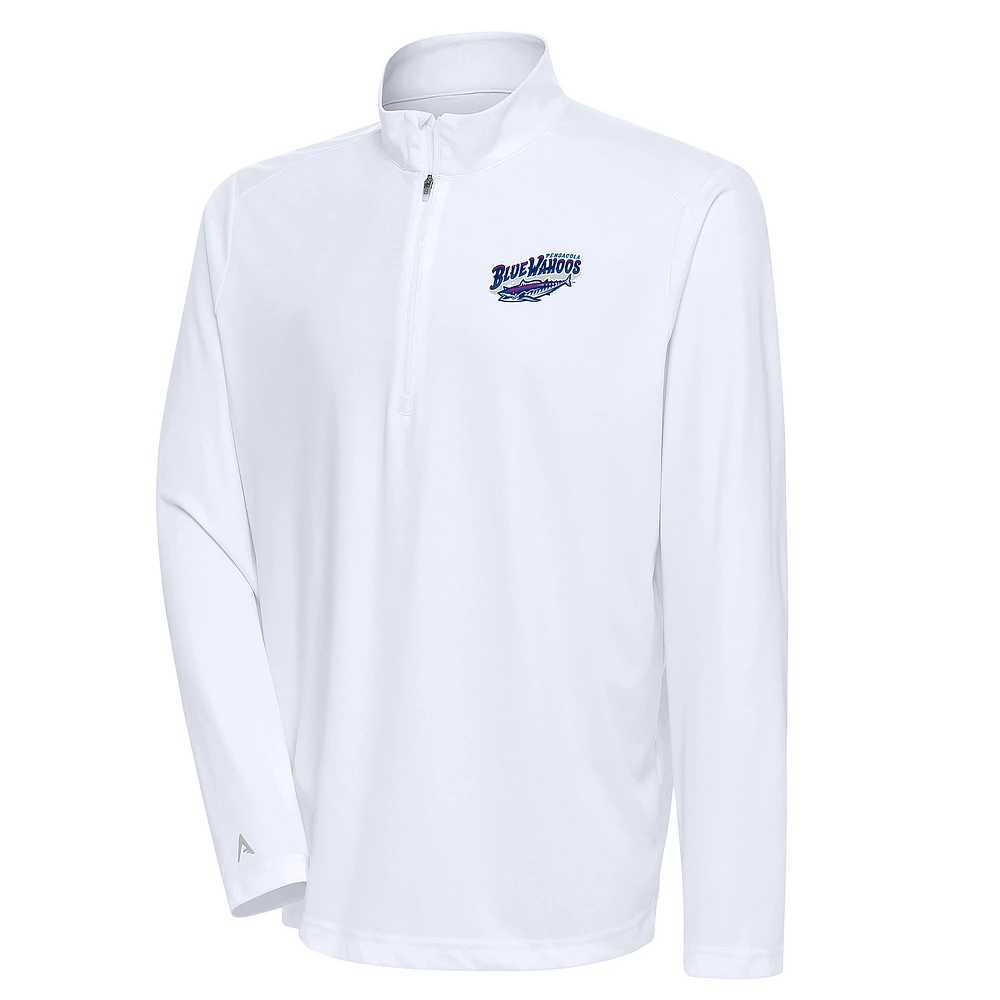 Men's Antigua White Pensacola Blue Wahoos Tribute Quarter-Zip Pullover Top