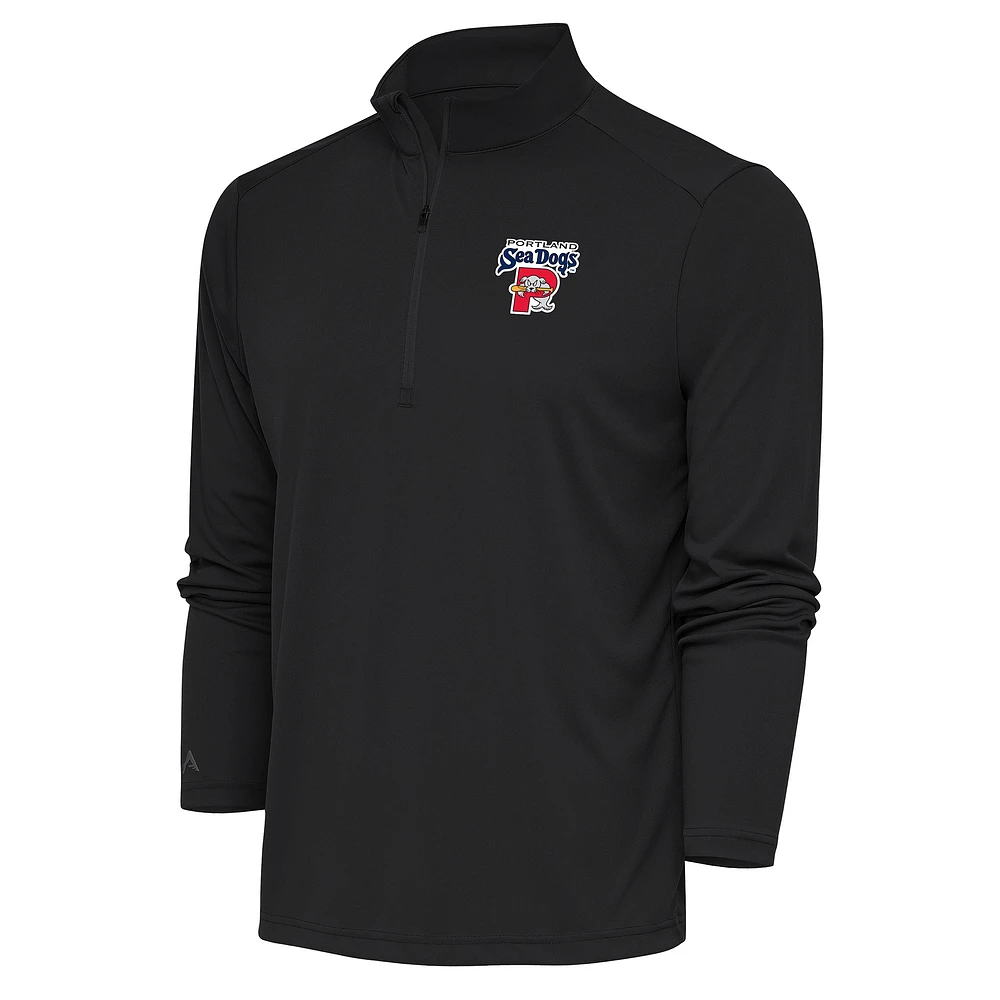Men's Antigua Charcoal Portland Sea Dogs Tribute Quarter-Zip Pullover Top