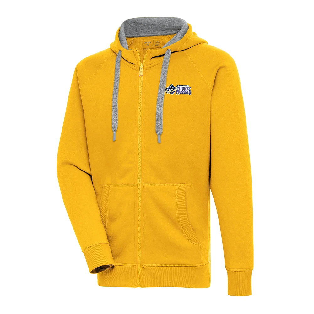 Men's Antigua Gold Fort Myers Mighty Mussels Victory Full-Zip Hoodie
