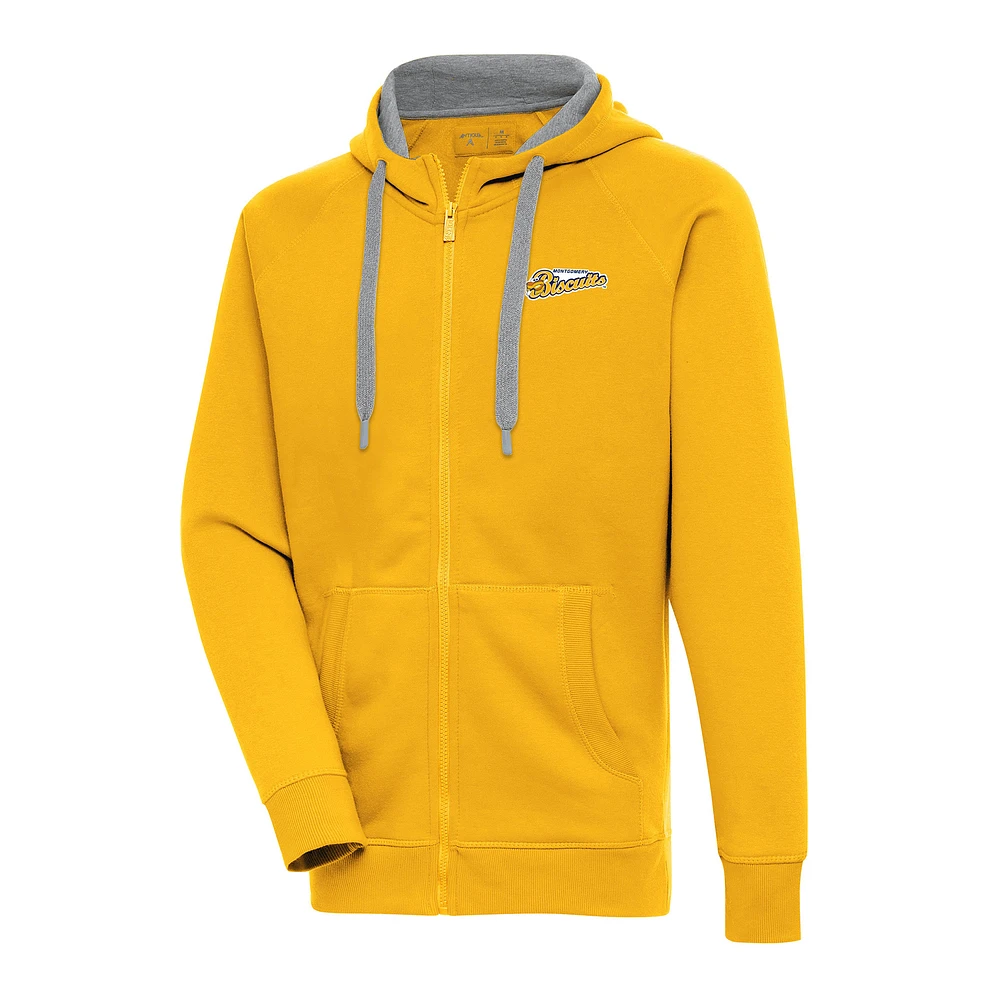 Men's Antigua Gold Montgomery Biscuits Victory Full-Zip Hoodie