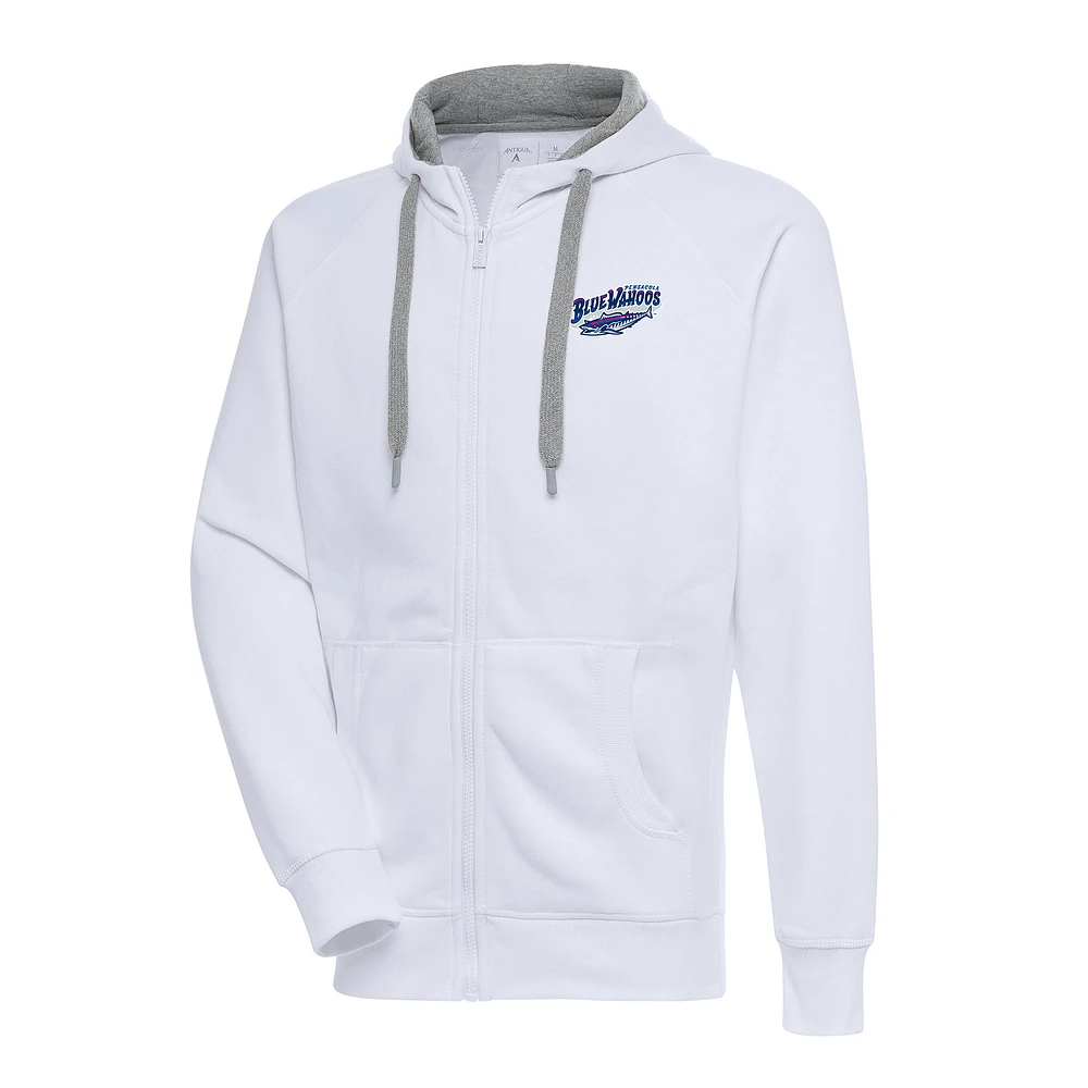 Men's Antigua White Pensacola Blue Wahoos Victory Full-Zip Hoodie