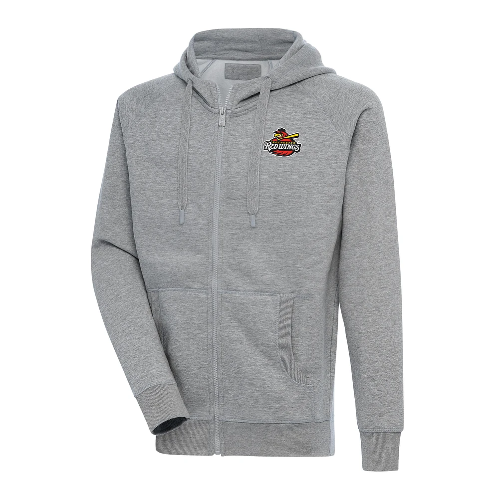 Men's Antigua Heather Gray Rochester Red Wings Victory Full-Zip Hoodie