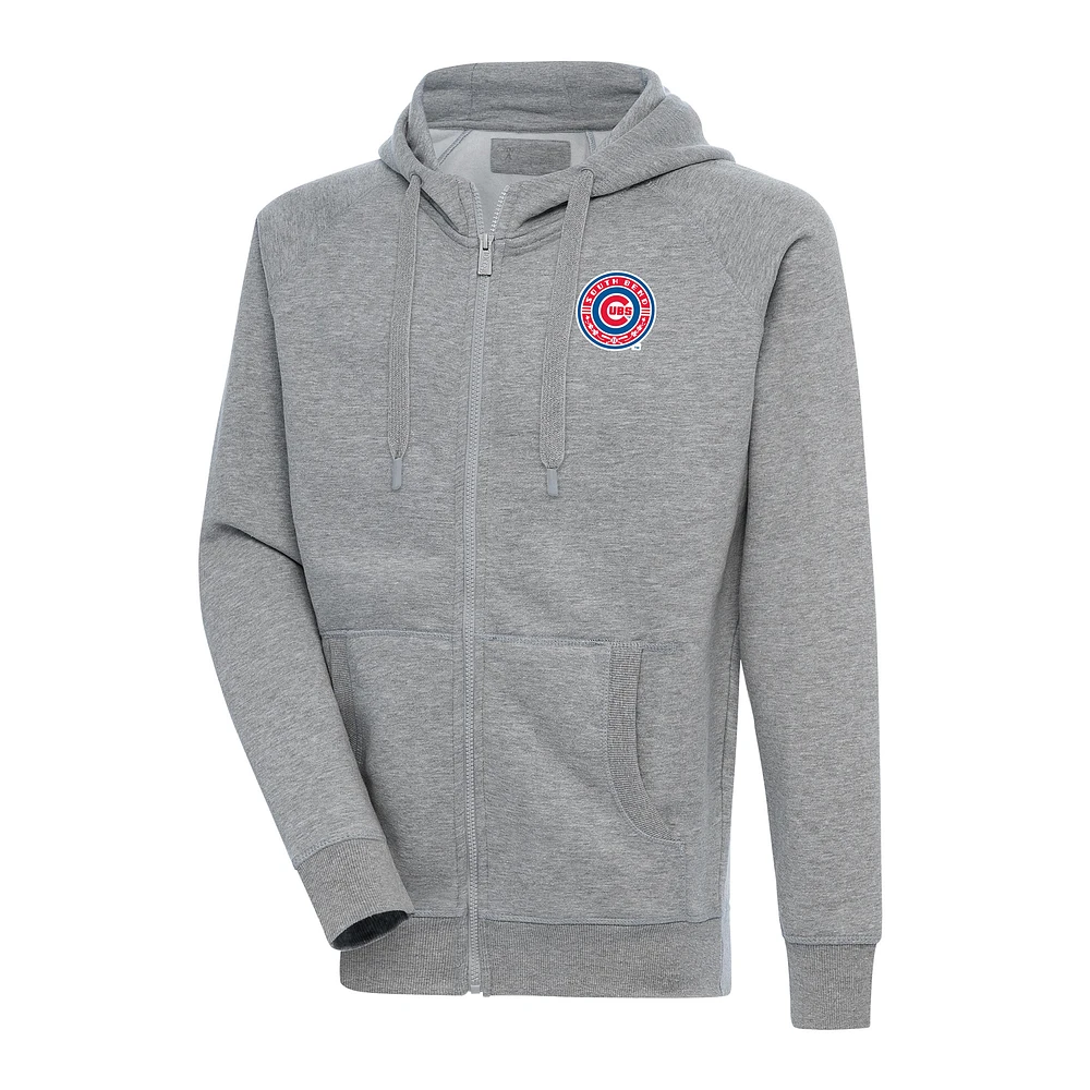 Men's Antigua Heather Gray South Bend Cubs Victory Full-Zip Hoodie