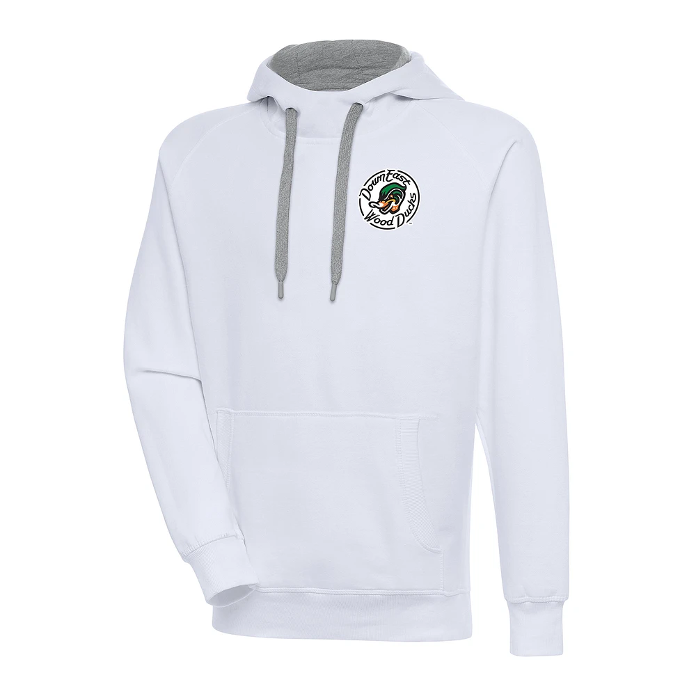 Men's Antigua White Down East Wood Ducks Victory Pullover Hoodie