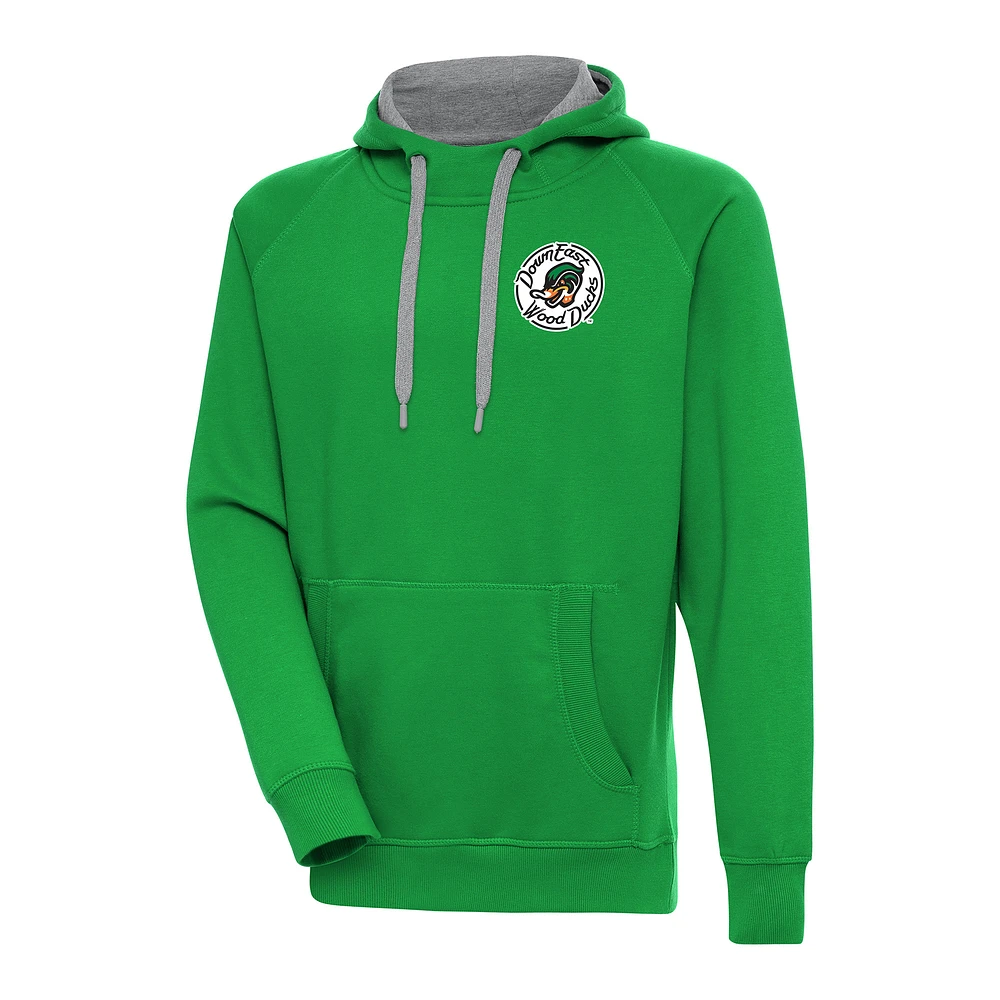 Men's Antigua Kelly Green Down East Wood Ducks Victory Pullover Hoodie