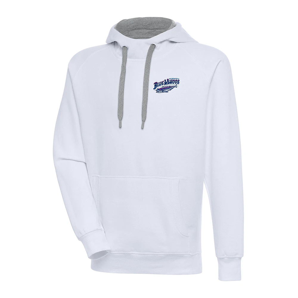 Men's Antigua White Pensacola Blue Wahoos Victory Pullover Hoodie