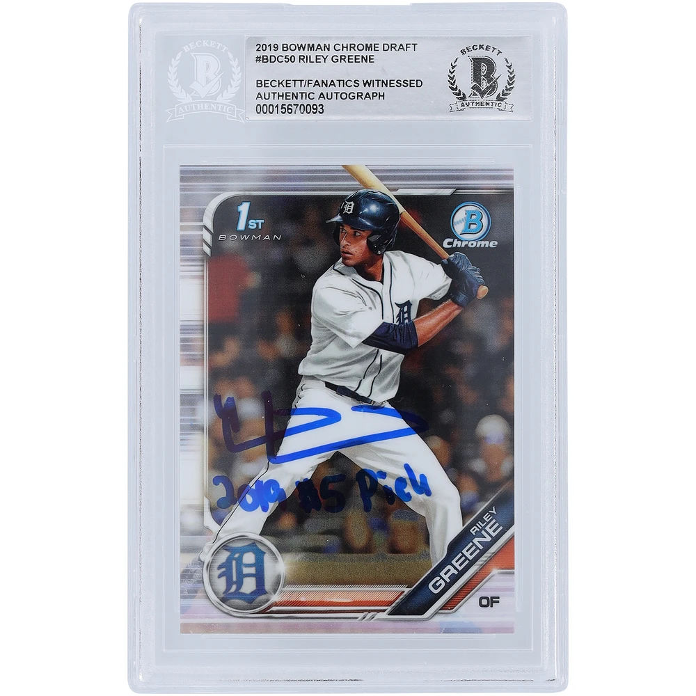 Riley Greene Detroit Tigers Autographed 2019 Bowman Chrome Draft #BDC-50 Beckett Fanatics Witnessed Authenticated Rookie Card with "2019 #5 Pick" Inscription