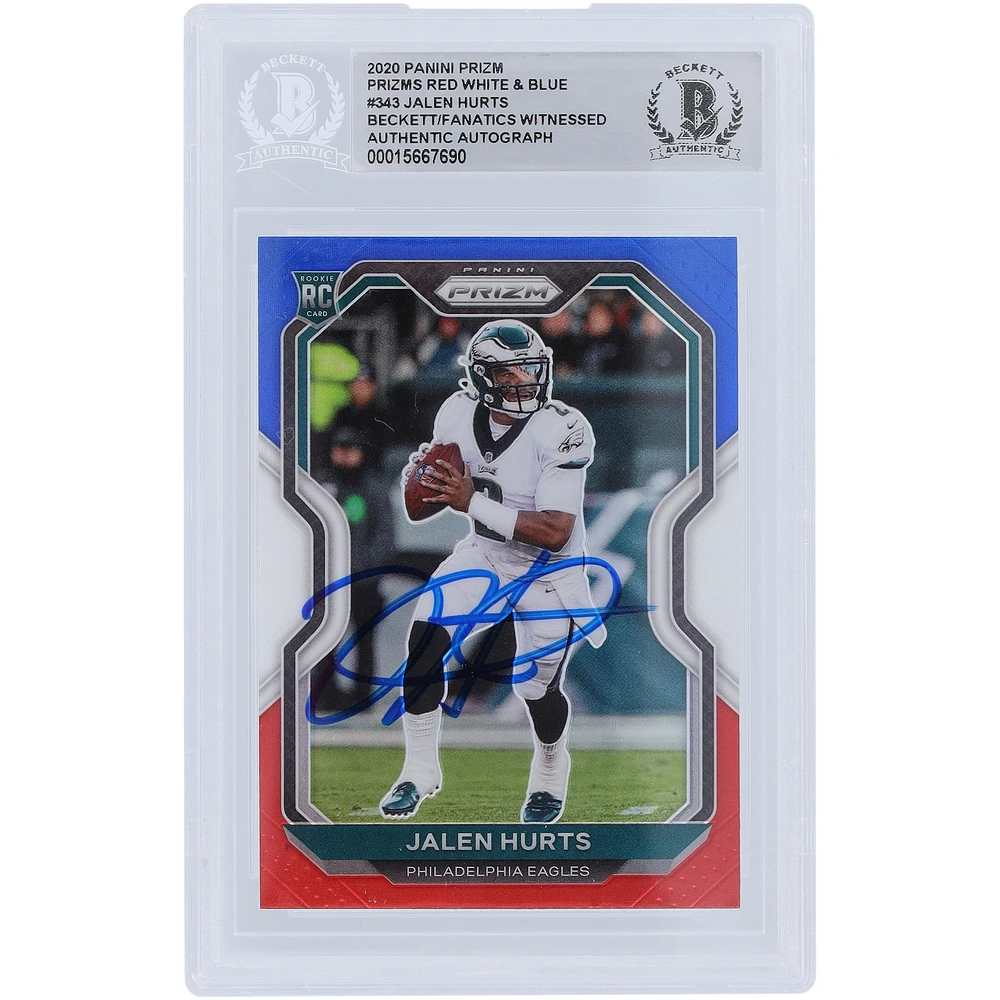 Jalen Hurts Philadelphia Eagles Autographed 2020 Panini Prizm Red White & Blue #343 Beckett Fanatics Witnessed Authenticated Rookie Card