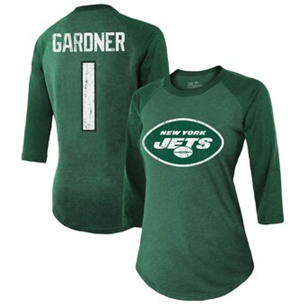 Women's Majestic Threads Ahmad Sauce Gardner Green New York Jets Player Name & Number Tri-Blend 3/4-Sleeve Fitted T-Shirt