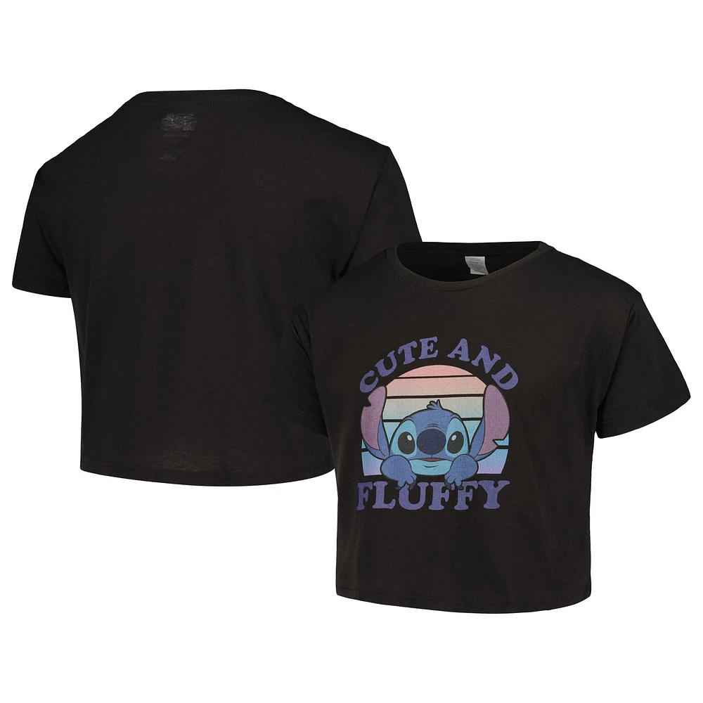Girls Youth Black Lilo and Stitch Cute Fluffy Cropped T-Shirt