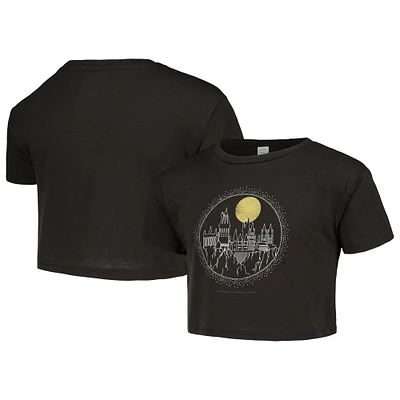 Girls Youth Black Harry Potter Hogwarts Line Art Cropped T-Shirt
