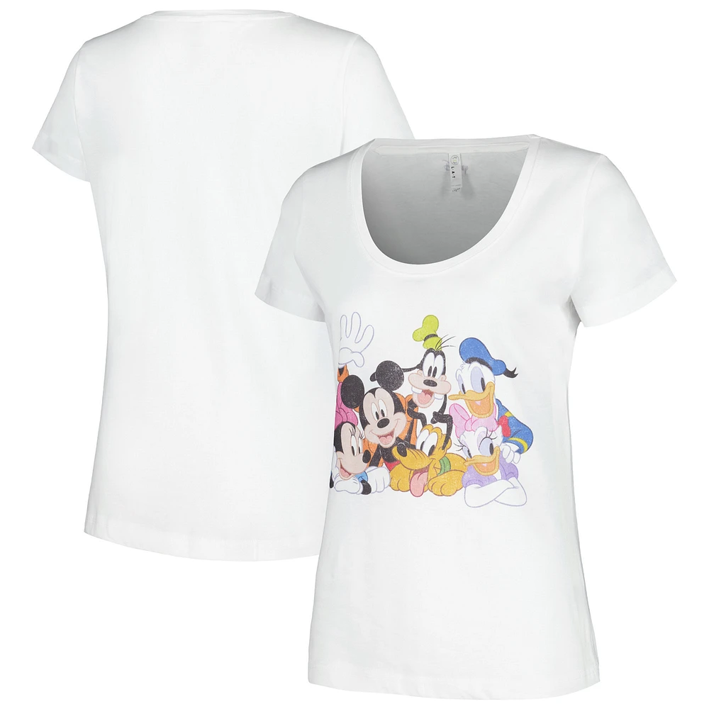 Women's White Mickey & Friends Group Scoop Neck T-Shirt