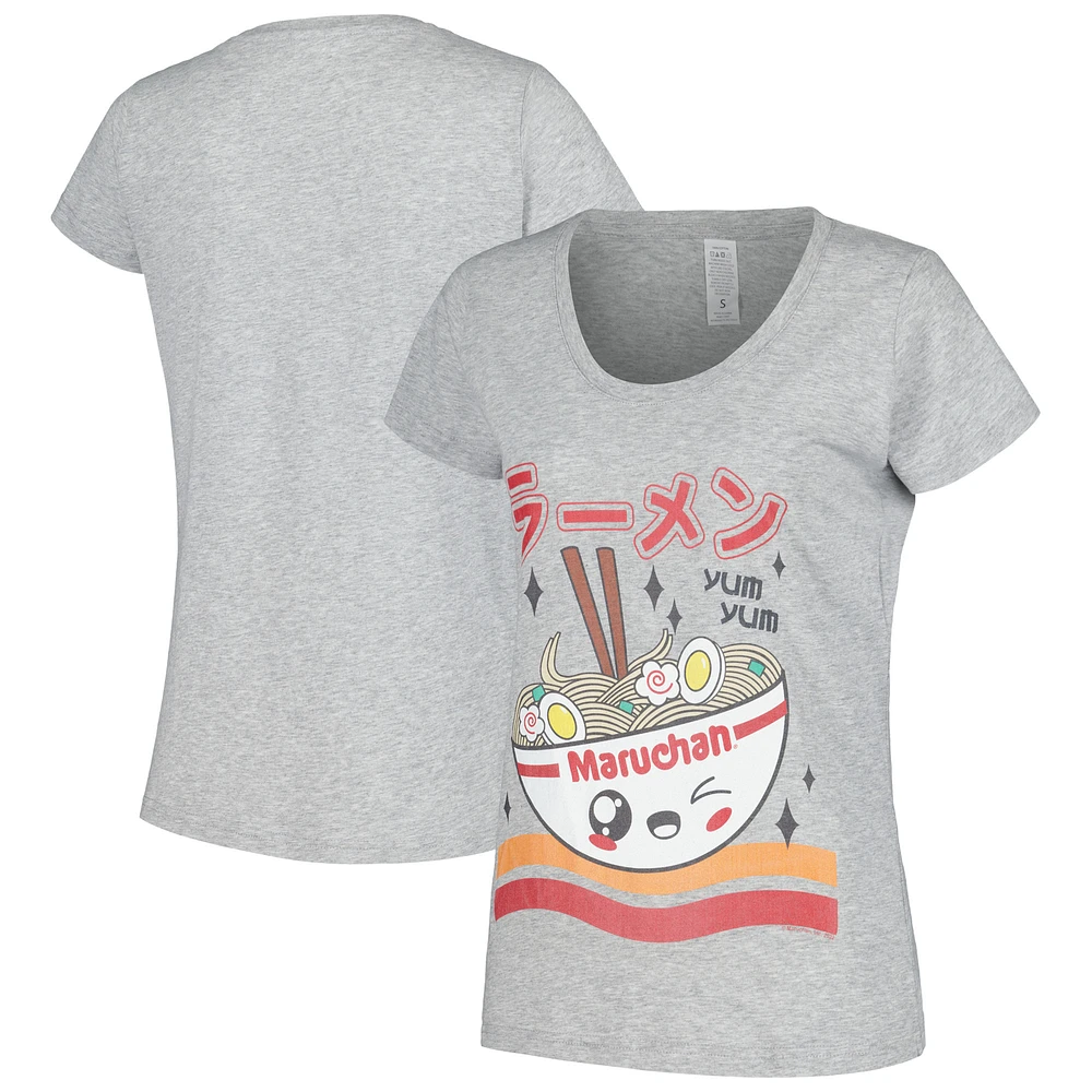 Women's Heather Gray Maruchan Kawaii Bowl Yum Scoop Neck T-Shirt