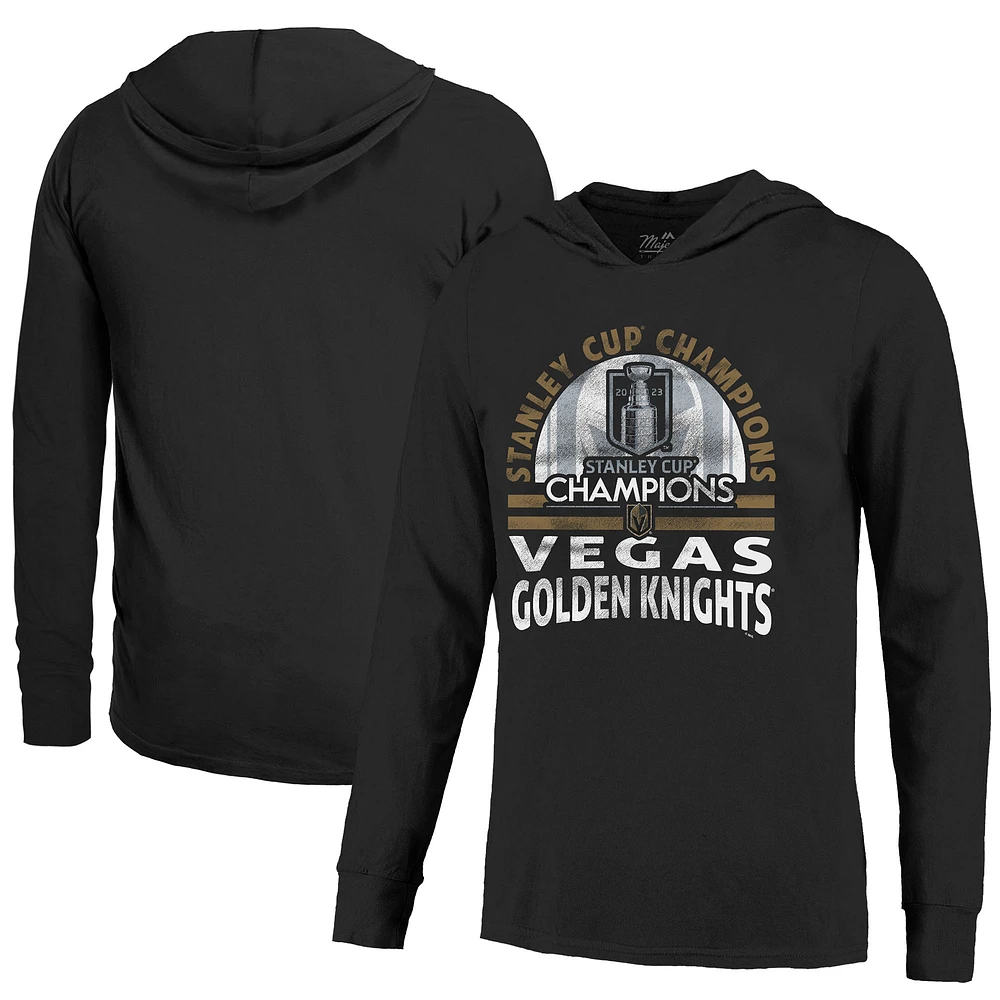 Men's Majestic Threads Black Vegas Golden Knights 2023 Stanley Cup Champions Soft Hand Long Sleeve Hoodie T-Shirt