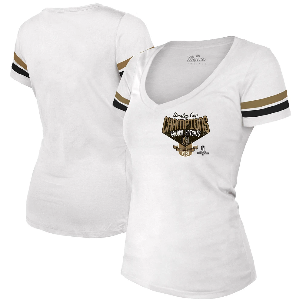 Women's Majestic Threads Gold Vegas Golden Knights 2023 Stanley Cup Champions Striped V-Neck T-Shirt