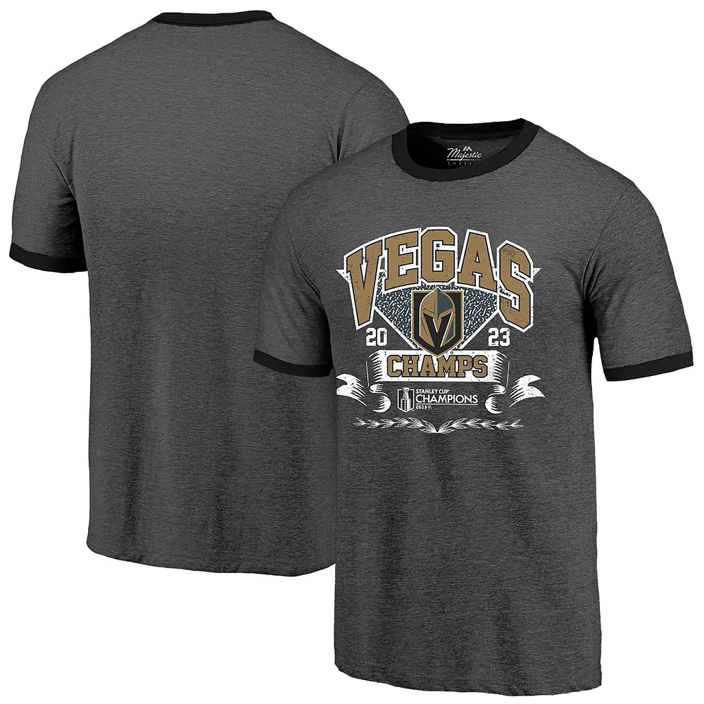 Men's Majestic Threads Black Vegas Golden Knights 2023 Stanley Cup Champions Ringer Tri-Blend T-Shirt