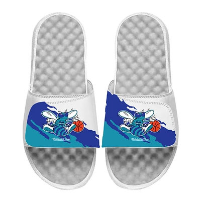 Youth ISlide x Mitchell & Ness White Charlotte Hornets Paint Stripe Slide Sandals