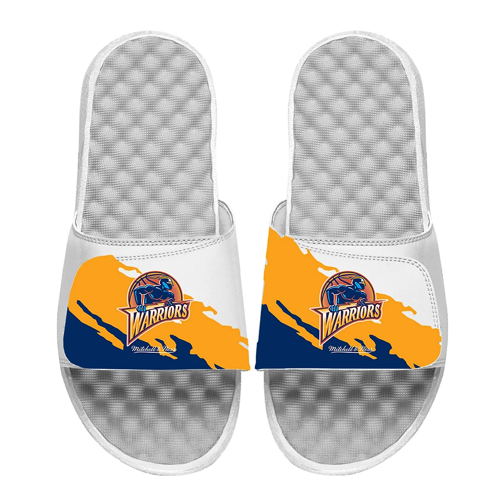 Youth ISlide x Mitchell & Ness White Golden State Warriors Paint Stripe Slide Sandals